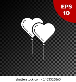 White Balloons in form of heart with ribbon icon isolated on transparent dark background.  Vector Illustration