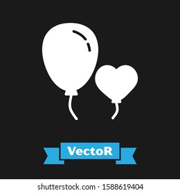 White Balloons in form of heart with ribbon icon isolated on black background.  Vector Illustration