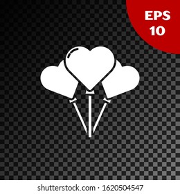 White Balloons in form of heart with ribbon icon isolated on transparent dark background.  Vector Illustration