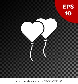 White Balloons in form of heart with ribbon icon isolated on transparent dark background. Valentines day.  Vector Illustration