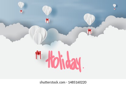 White Balloons gift box on air sky landscape background.Festival party time season concept.Scene Holiday place of your text for card and poster.Paper cut and craft style.Minimal vector. illustration. 