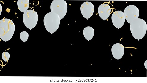 White balloons and gold confetti on black background. Vector illustration.
