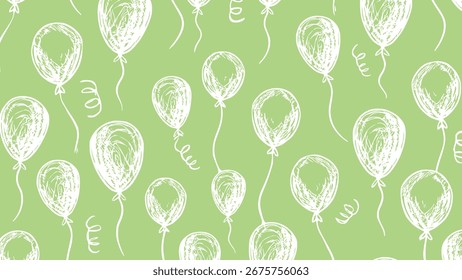 White balloons in the green background vector. Celebration seamless pattern .