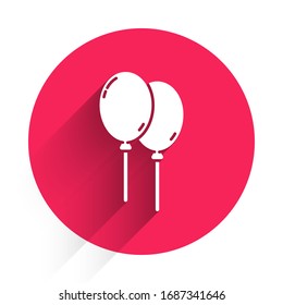 White Balloons with ribbon icon isolated with long shadow. Happy Easter. Red circle button. Vector Illustration