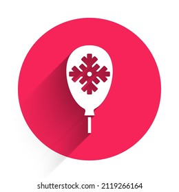 White Balloons with snowflake icon isolated with long shadow. Merry Christmas and Happy New Year. Red circle button. Vector