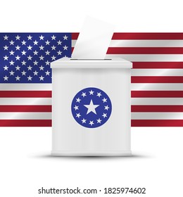 White ballot box with american flag background. 2020 United States presidential election. Vector illustration.