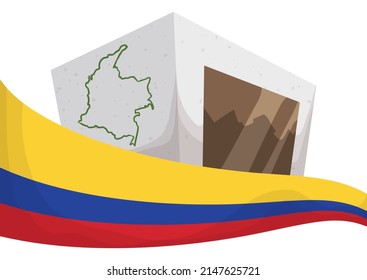 White ballot box design decorated with Colombia's map and tricolor flag, ready for election rally.