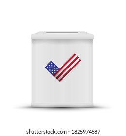 White ballot box isolated. American flag check mark. 2020 United States presidential election. Vector illustration.