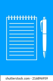 White ballpoint and notepad on blue background  