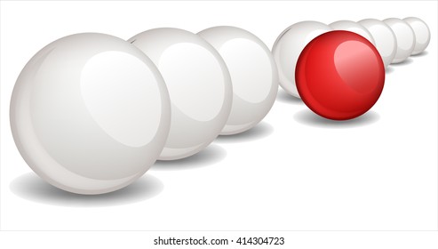 White balls with one red ball standing ahead. Vector illustration. 