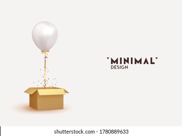 White Baloon with box and confetti explosion. Realistic design concept open cardboard box, releasing helium balloon. Celebrate a birthday, Poster, banner happy anniversary. Vector 3d object ballon