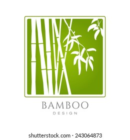 White Bamboo tree silhouettes on green background vector icon. Business sign template for modern design, beauty boutique, yoga, spa, cosmetics labeling, botanical garden, art gallery. Sample text