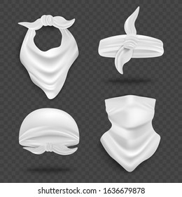 White bandana mock up set isolated on dark transparent background - realistic headband, neck scarf, face cover and durag style fashion garments. Vector illustration.