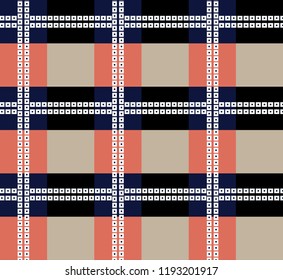 white bandana pattern on navy and orange checks background