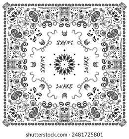 White bandana print. Snake bandana print black on white. snake, flowers, mask, decorative geometric line ornament. White and black pattern template. Silk neck scarf or kerchief square pattern design.