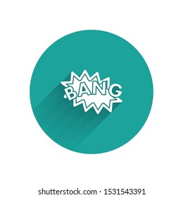 White Bang boom, gun Comic text speech bubble balloon icon isolated with long shadow. Green circle button. Vector Illustration
