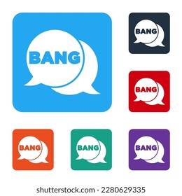 Boom de la Bang Blanca, pistola Icono de globo de globo de texto Comic aislado en fondo blanco. Establezca iconos en los botones cuadrados de color. Vector