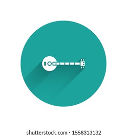 White Banjo icon isolated with long shadow. Musical instrument. Green circle button. Vector Illustration