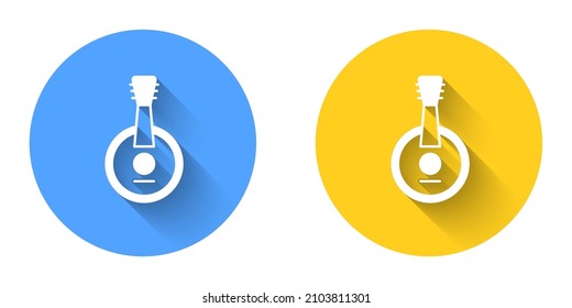 White Banjo icon isolated with long shadow background. Musical instrument. Circle button. Vector