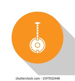 White Banjo icon isolated on white background. Musical instrument. Orange circle button. Vector Illustration