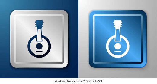White Banjo icon isolated on blue and grey background. Musical instrument. Silver and blue square button. Vector