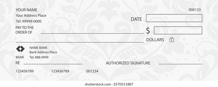 White bank cheque check paper template design with guilloche pattern and fields coupon, money check