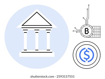 White banking building with columns, technology-themed cryptocurrency symbols including Bitcoin and stablecoin. Ideal for finance, banking, cryptocurrency, blockchain technology, digital assets