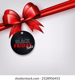 Anuncio blanco con lazo de regalo rojo 3d y etiqueta de Precio colgante con texto VENTA, Black Friday, oferta especial. Tarjeta de la compra o cartel con el espacio de la copia como paquete presente con la cinta de seda y la etiqueta del descuento