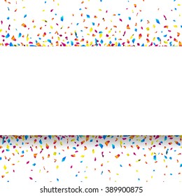 White banner with colorful confetti. Vector illustration.