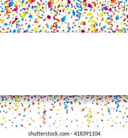 White banner with colorful falling confetti and party ribbons. Vector illustration.