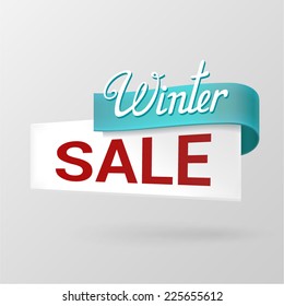 White banner decorated with turquoise ribbon & inscription. Winter sale. Isolated on gray background. Vector illustration.