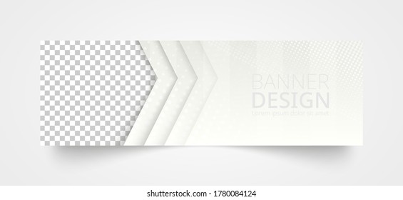 White banner design template, place for image with transparent grid. Vector banner.