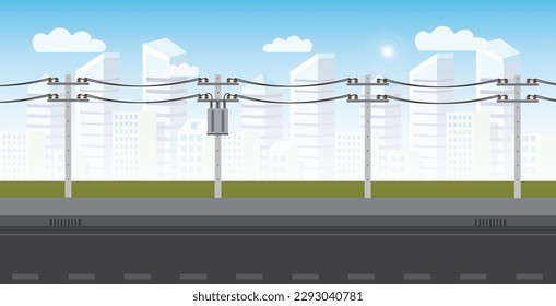 Banner blanco de la transmisión de energía eléctrica, líneas de alimentación de alto voltaje suministran electricidad a la ciudad, ilustración vectorial EPS 10.