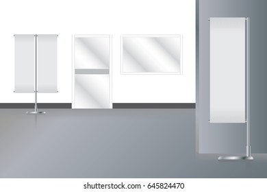 White Banner flag in the building. Clear glass door and window next to the white wall.