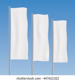 White Banner Flag Vector Templates. Perspective Row Of Vertical Flags. Advertising Flags Realistic Mockup.