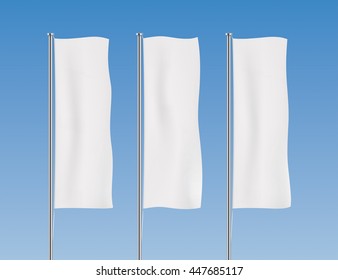 White Banner Flag Vector Templates. Row Of Vertical Flags. Advertising Flags Realistic Mockup.