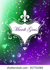 White Banner With Fleur De Lis On Purple And Green Shiny Background.