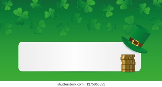 white banner with green hat and golden coins on shamrock clover background vector illustration EPS10