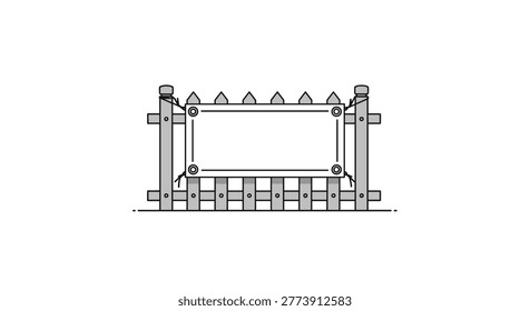 White banner with grommets and ropes attached to a wooden picket fence with pointed tops, rendered in a clean, minimalist line art style.