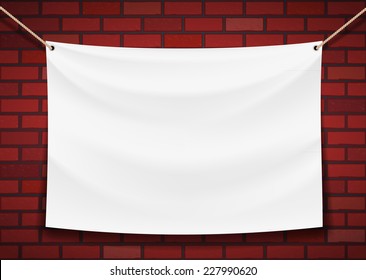 White Banner Hanging On A Brick Wall Background