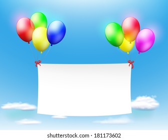 white banner hanging on the colored balls on the background of blue sky