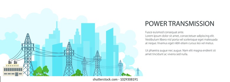 White Banner with High Voltage Power Lines Supplies Electricity to the City , Electric Power Transmission on on the Background of the City, Vector Illustration