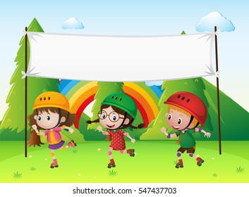 White banner and kids rollerskating in the park illustration