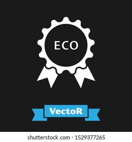 White Banner, label, tag, logo for eco green healthy food icon isolated on black background. Organic product. Healthy food sticker.  Vector Illustration