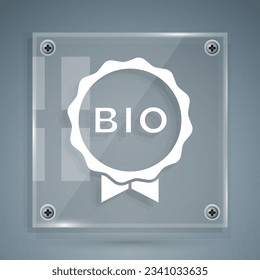 White Banner, label, tag, logo for bio green healthy food icon isolated on grey background. Organic product. Healthy food sticker. Square glass panels. Vector