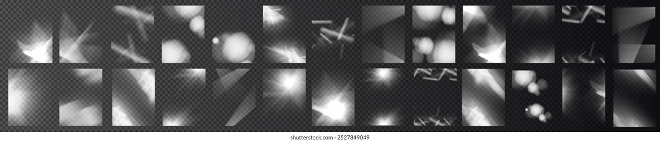 Banner branco efeito de luz cintilantes prisma efeito de reflexo brilho. Luzes ópticas do arco-íris da bandeira, brilho, vazamentos, sobreposição da faixa. confete caindo. Banner de vetor, lentes coloridas vetoriais e clarões claros