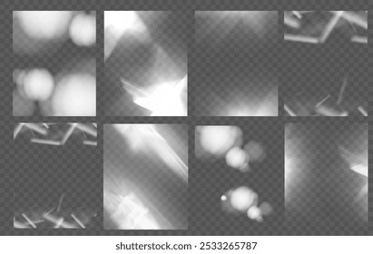 Efecto de luz de Anuncio blanco brilla efecto de reflexión de deslumbramiento de prisma. Luces ópticas de Anuncio del arco iris, resplandor, fugas, superposición de la raya. Anuncio de Vector, lentes de Vector de colores y destellos de luz
