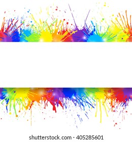 White banner on seamless colorful paint splashes background. Vector illustration.