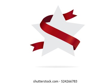 White banner with red ribbon.
