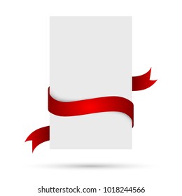 White banner with red ribbon. Vector illustration. Blank paper card isolated with shadow